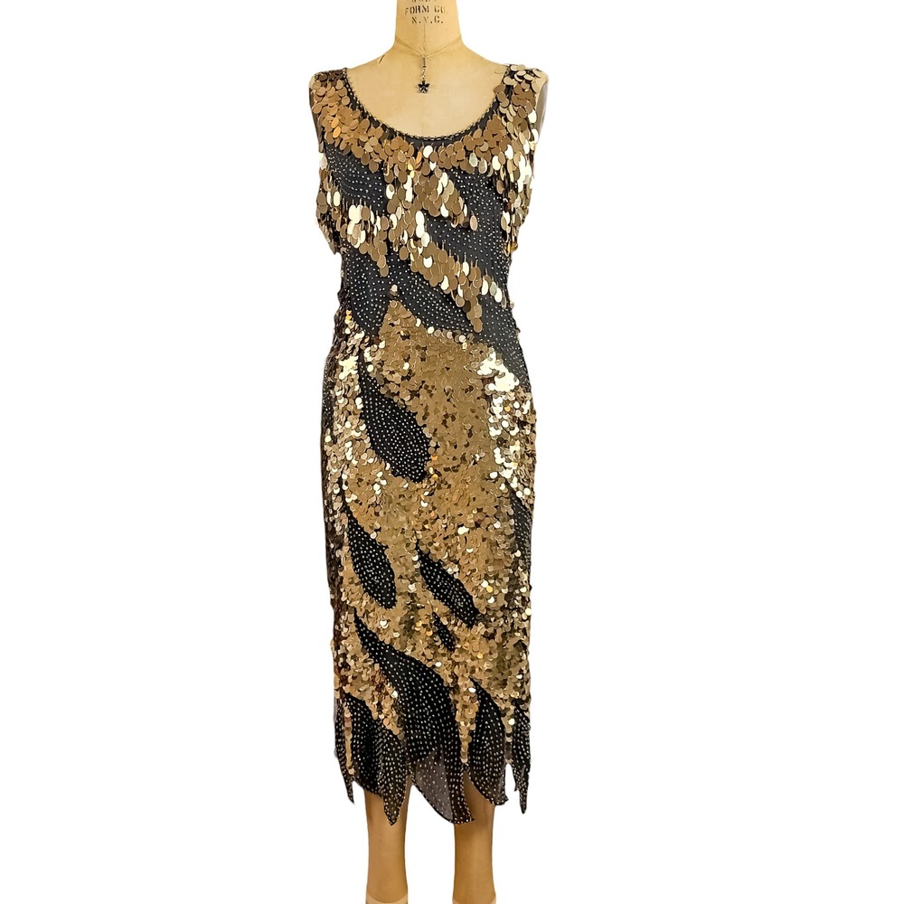 Art Deco Gold Black Sequin Dress Flapper Gatsby Scalloped Hem Evening Vintage L
